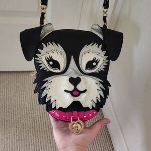 Betsey Johnson Leather Black & sparkley white Dog Crossbody Bag W/ Squeaker Nose